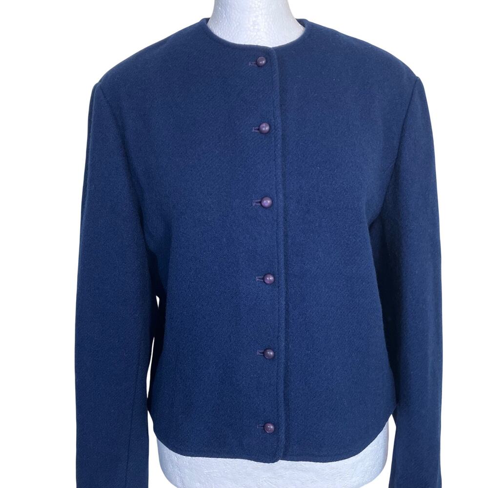 Pendleton Vtg Navy Wool Collarless Cropped Jacket Tailored USA Made Button Front